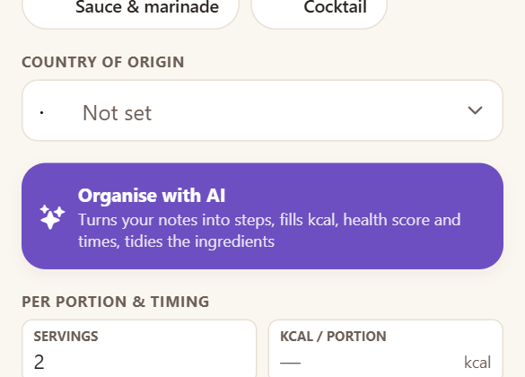 The “Organise with AI” action in the meal editor