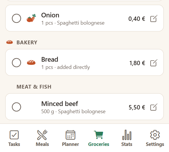 Grocery lines grouped by aisle, with prices and the meal each one came from