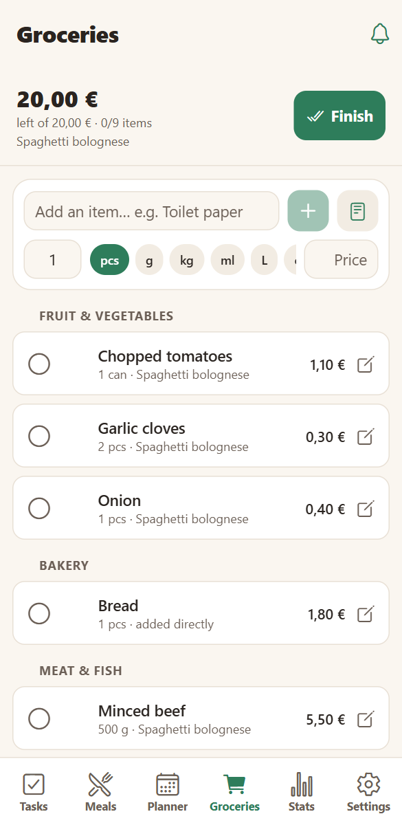 A shared grocery list grouped by supermarket aisle on a phone