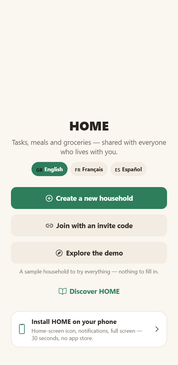 The first screen of HOME: create a household, join with an invite code, or explore the demo