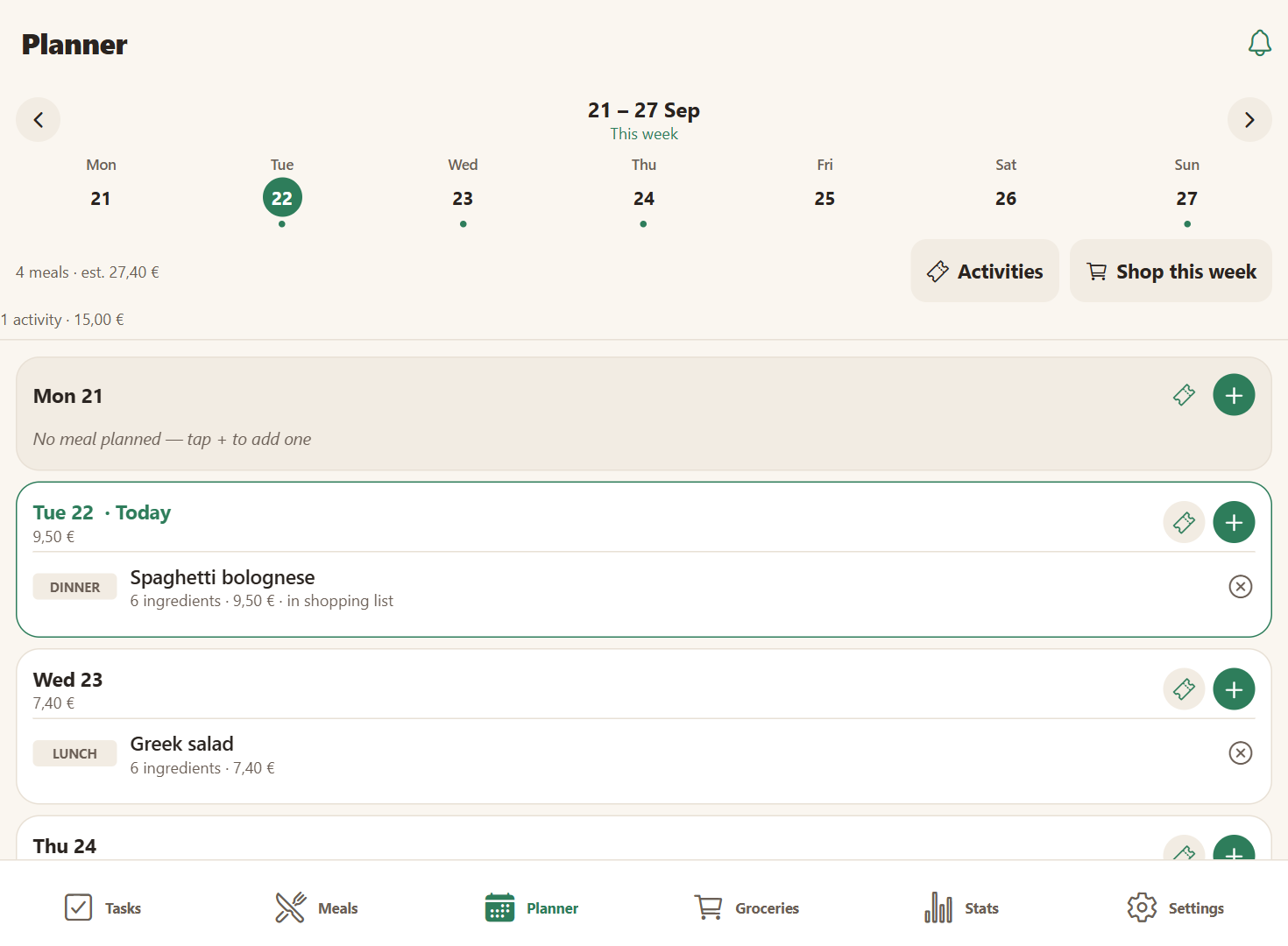 Weekly family planner with meals, activities and the estimated cost of the week