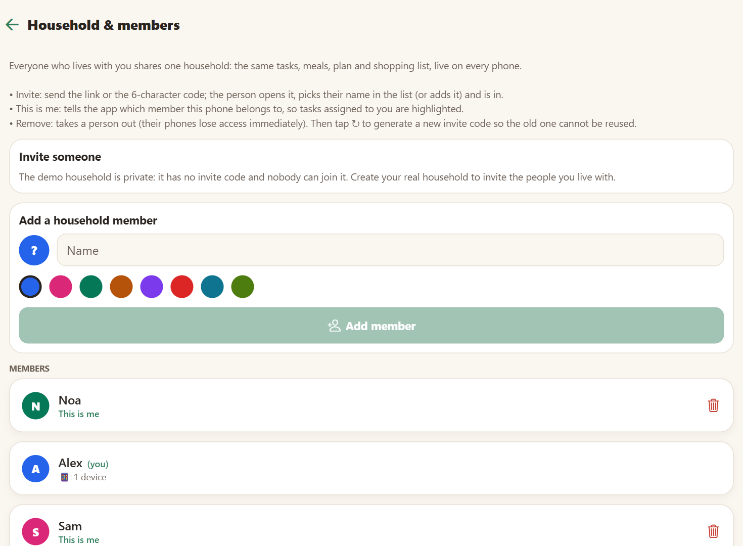 Household settings with family members, devices and birthdays