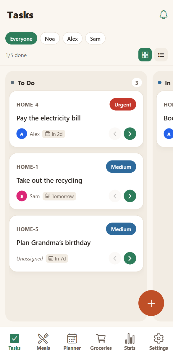 The family task board with to do, in progress and done columns