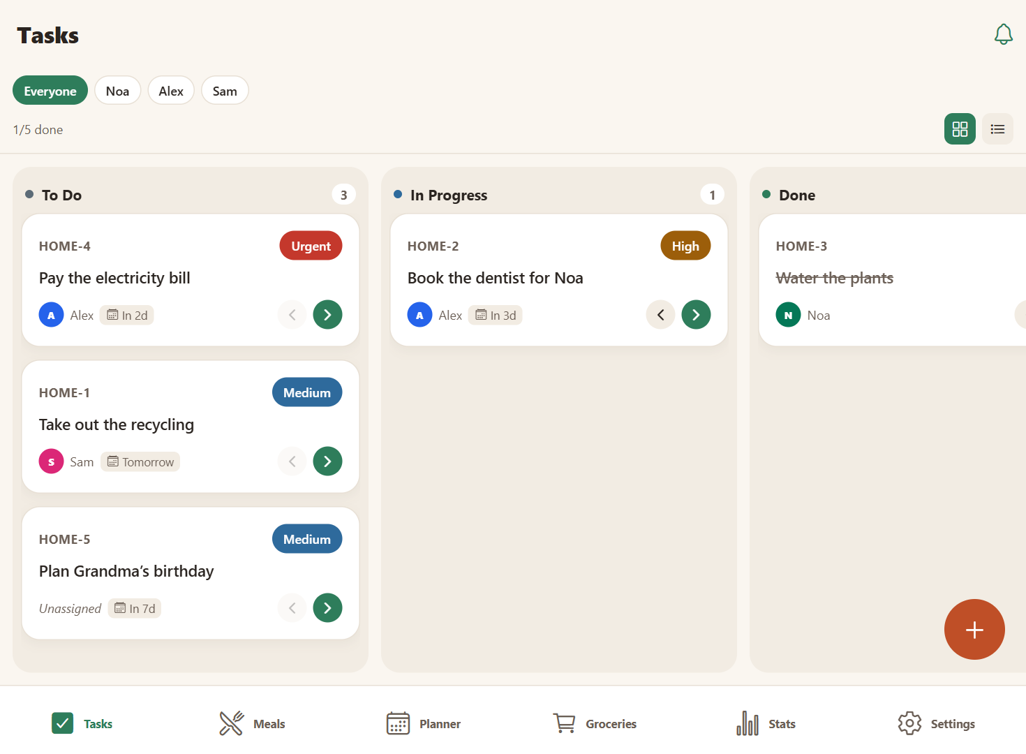 Family task board with tasks assigned to different household members